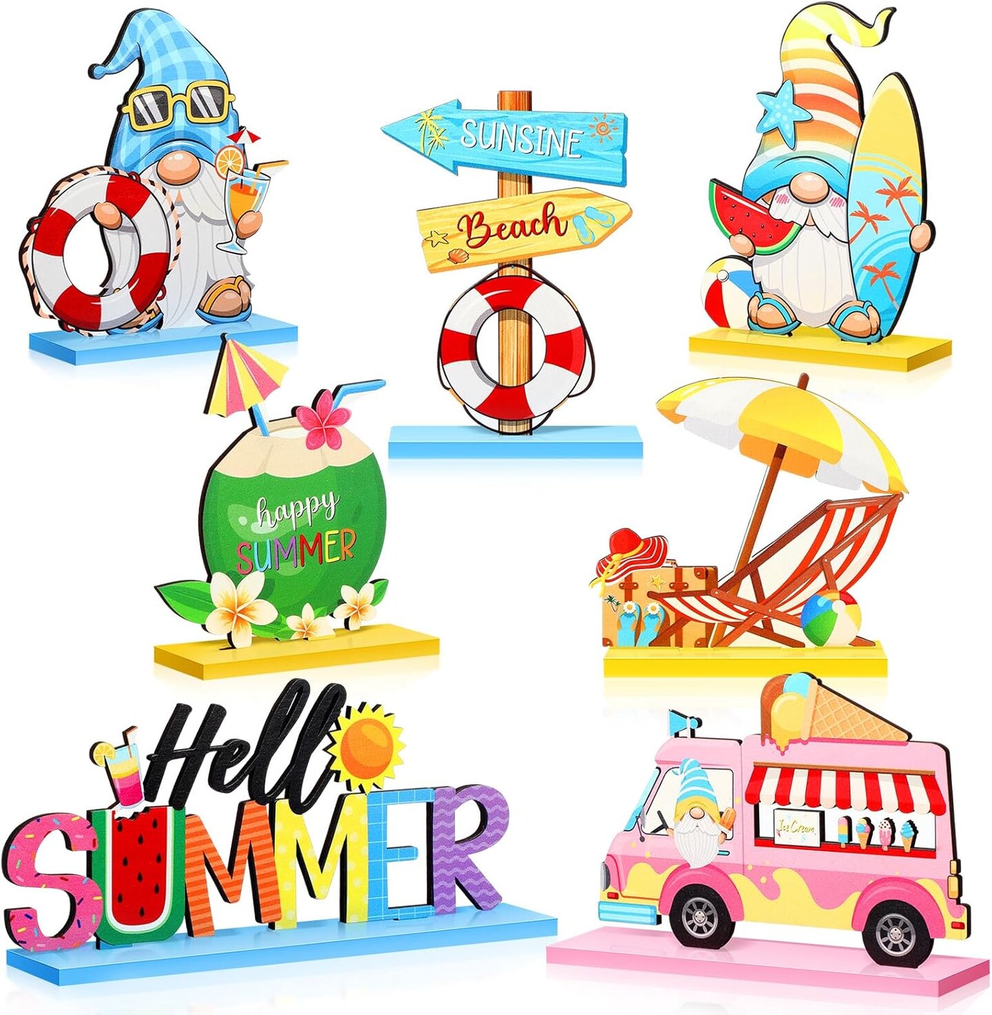 7 Pieces Hello Summer Table Decoration Sign Wooden Centerpieces Beach Gnome Wooden Decor for Farmhouse Summer Beach Home Table Tiered Tray Decor
