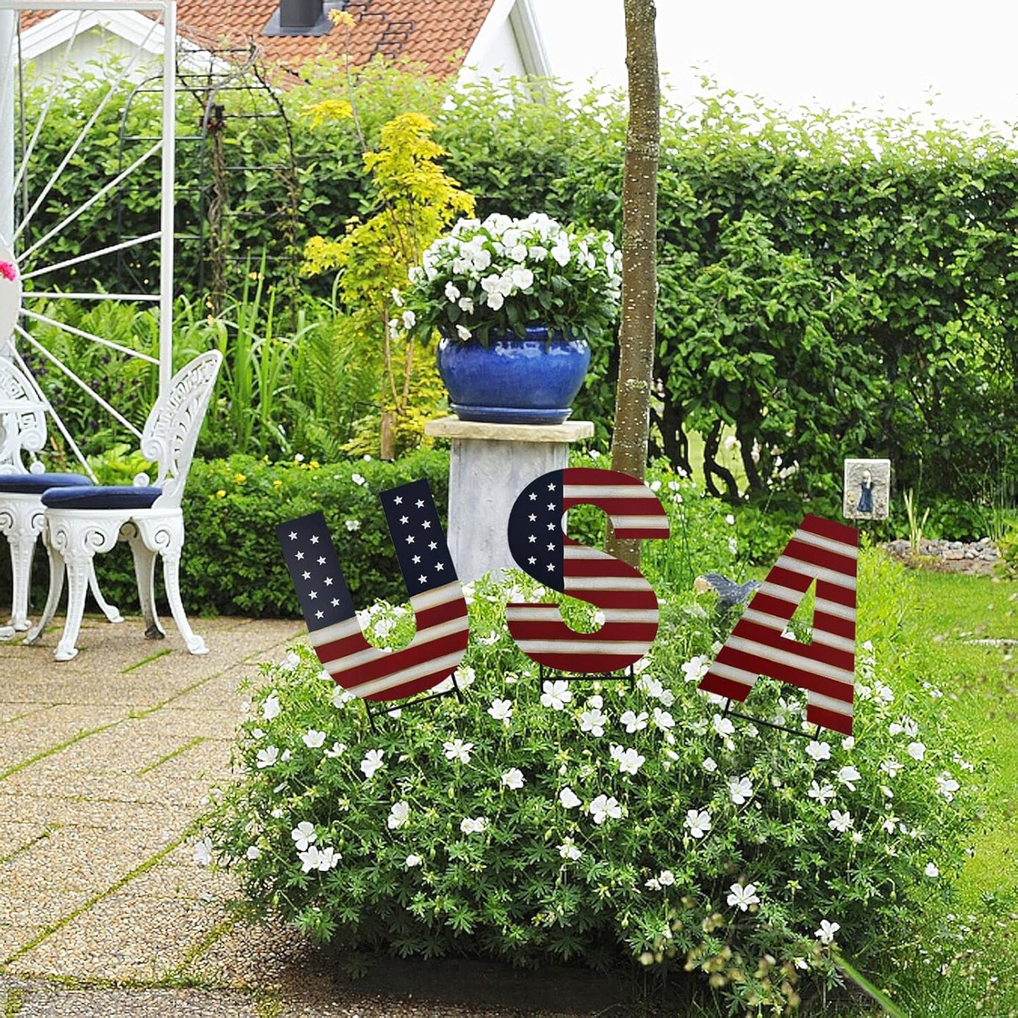 Metal USA Yard Decor Sign Patriotic Garden Stake 4th of July Outdoor Decorations Lawn Stakes Stars Decor American Flag Letter Set for Independence Day Memorial Veterans Day Party