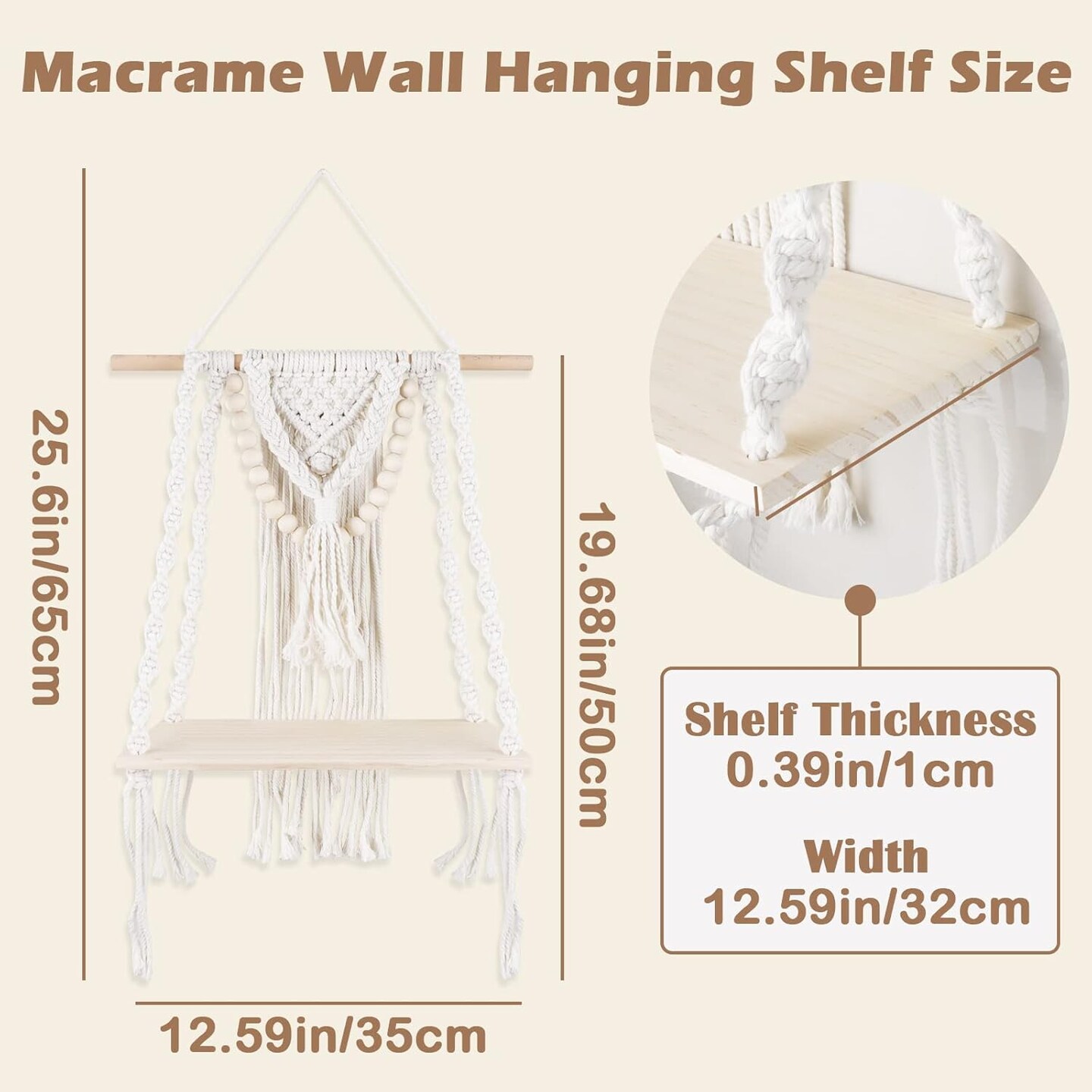 Handmade Macrame Wall Hanging Shelf – Boho Woven Floating Shelf for Plants, Storage, and Decor, Ideal for Bathroom, Bedroom, or Nursery