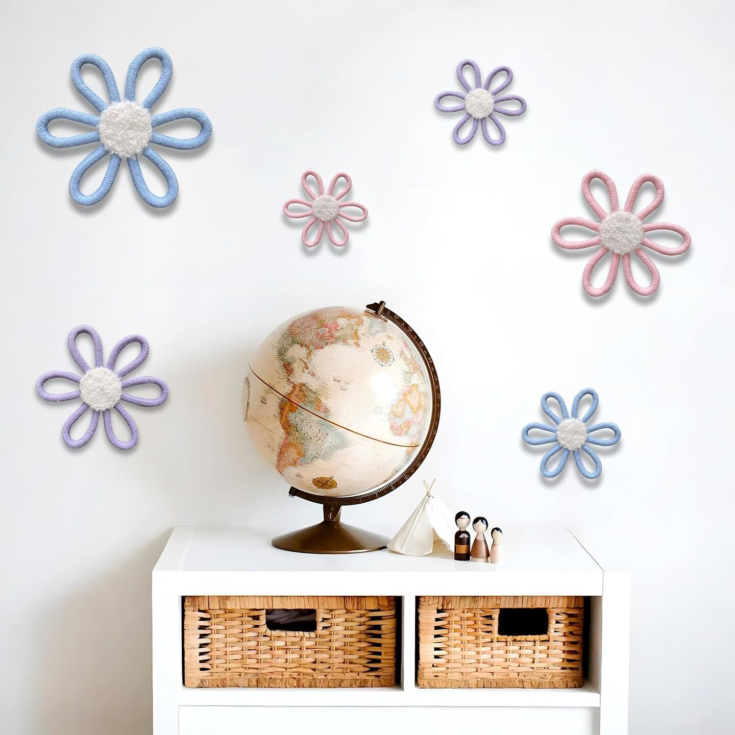 6 Pcs Boho Daisy Nursery Wall Decor Set - Handwoven Macrame Wall Hanging Art with Cotton Rope &#x26; Yarn, Floral Bohemian Room Decor for Girls Bedroom, Baby Room, Dorm (Pink, Blue and Purple)