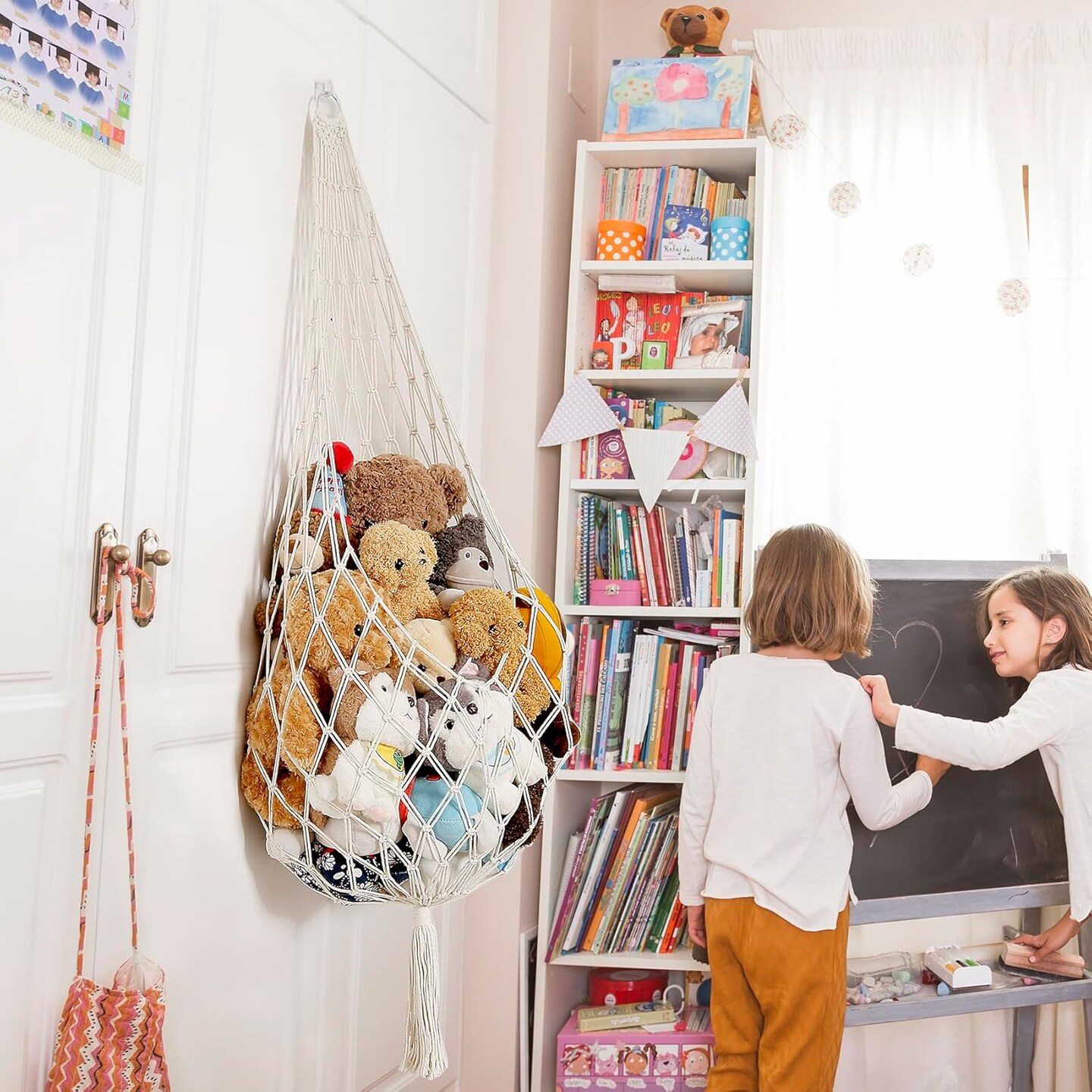 Stuffed Animal Storage Hammock – 60" L Corner Hanging Macramé Organizer, Plush Toy Holder for Kids’ Bedroom, Nursery, or Playroom, Boho Wall Décor, Cream