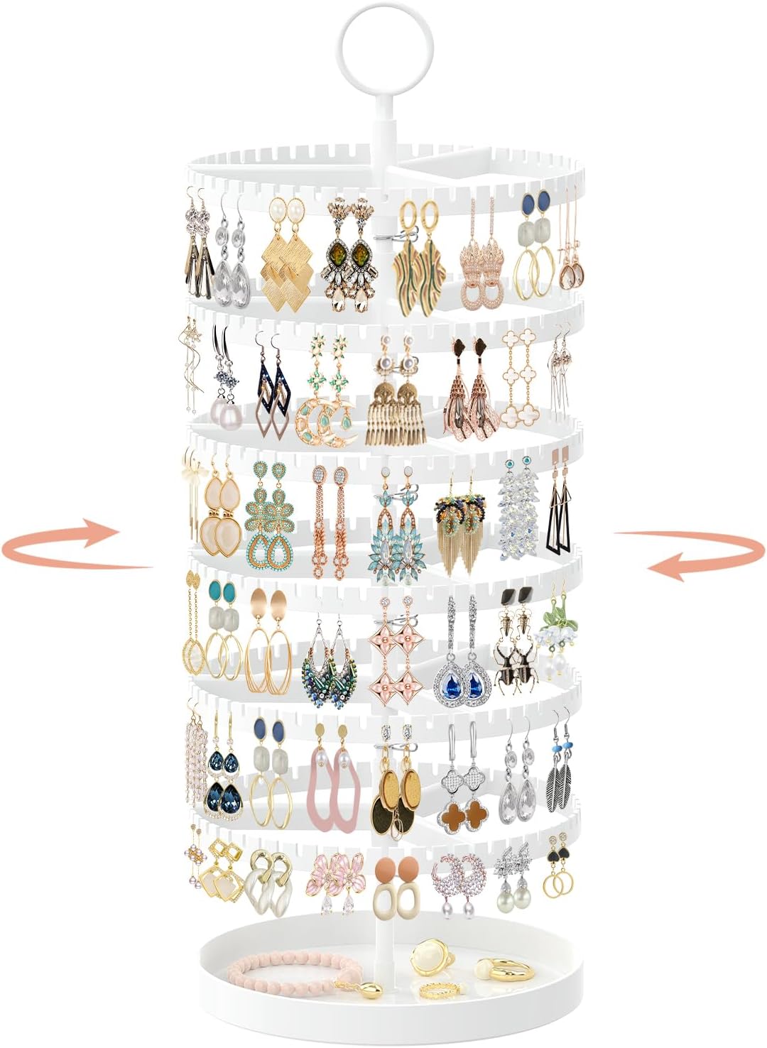Tiered Rotating Earring Organizer – Adjustable Plastic & Metal Display Stand with 342 Grooves for Dangle and Hoop Earrings, Large Jewelry Rack Tower (White)