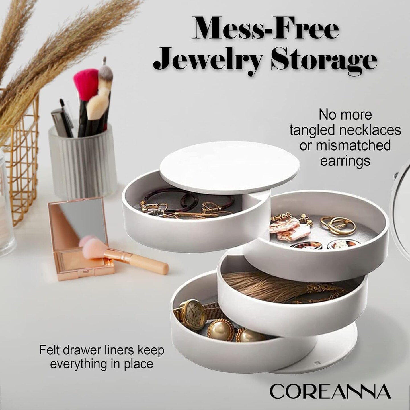 Jewelry Organizer - Portable &#x26; Small Jewelry Box for Storage, Vanity Desk Organization, Travel - 4 Layer Rotating Case Trays for Women&#x27;s Accessories, Bracelets, Earrings, Necklaces &#x26; Rings
