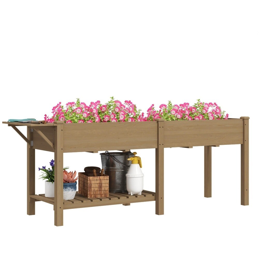 Wood Raised Garden Bed with Side Table, Bottom Shelf &#x26; Drainage Hole