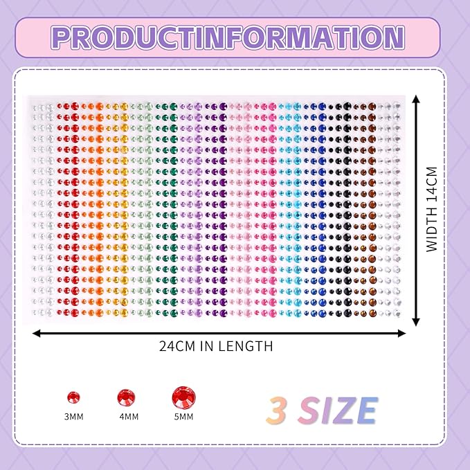 900PCS Self Adhesive Rhinestone Stickers, Gem Sticker for Face, Hair, Craft, Clothes, Shoes, Phone, 3 mm to 5 mm Multicolored Diamond Stickers for DIY