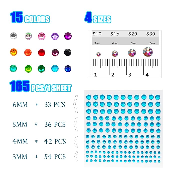 2475 Pcs Self Adhesive Rhinestone Stickers for Face Nail Eyes Decor,4 Size 15 Color Bling Sticky Gems for Body Makeup,Stick on Acrylic Jewels for CraftCard Decorations