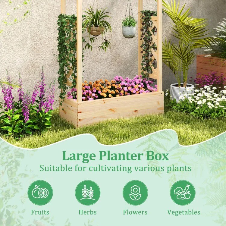 Wooden Raised Garden Bed Planter Box with Trellis and Hanging Roof