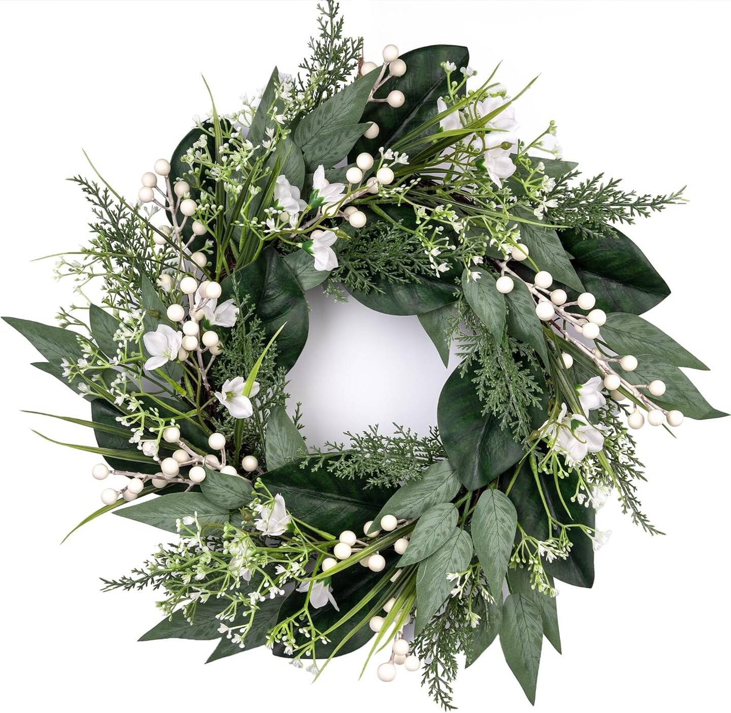 20 inch Summer Wreaths for Front Door & Window - White Berries & Flowers for Wedding, Home Porch, Farmhouse, Patio, Garden Decor