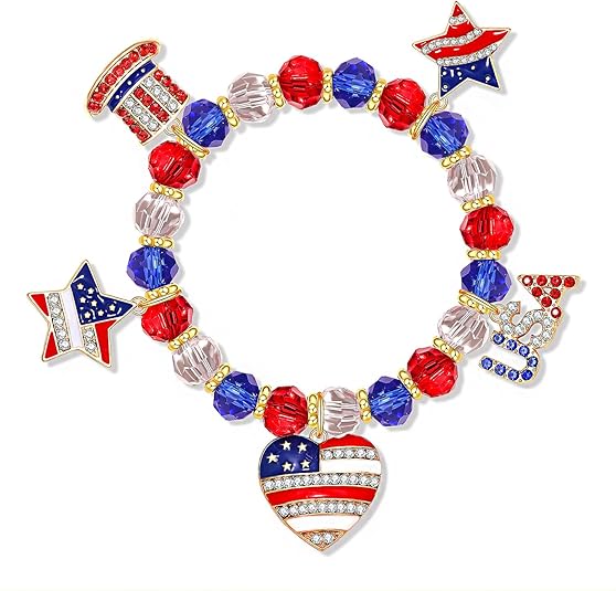 Patriotic American Flag Beaded Bracelet for Women – Red White and Blue Star & Heart Charm Stretch Jewelry – 4th of July & Memorial Day Gift