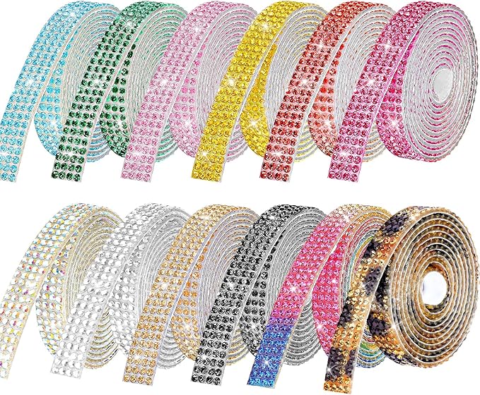 Rhinestone Ribbon Self-Adhesive Crystal Rhinestones – 12 Rolls, 12-Yard Bedazzling Strips for DIY Crafts and Crafting Projects