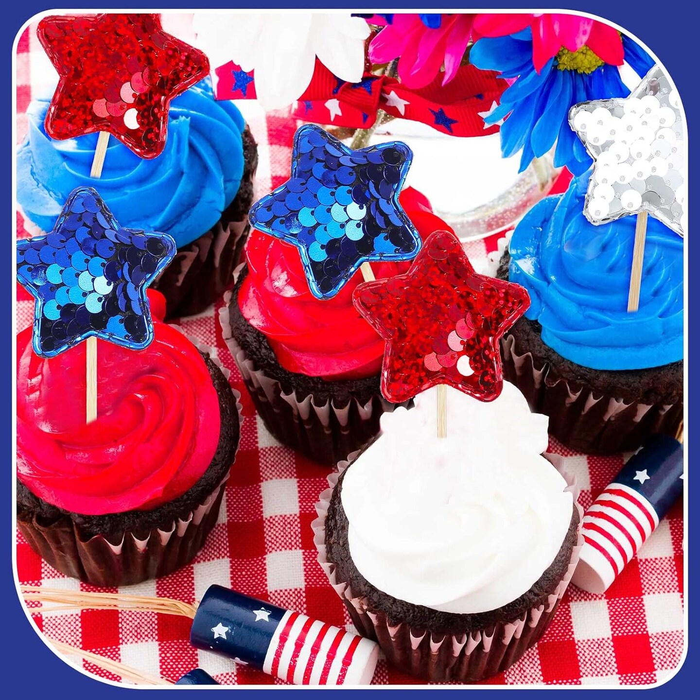 120 Pcs Glitter Star 4th of July Cupcake Toppers Patriotic Cupcake Toppers Glitter Independence Day Cupcake Picks Blue Red Silver Cupcake Toppers for Independence Day Party Supplies Favors
