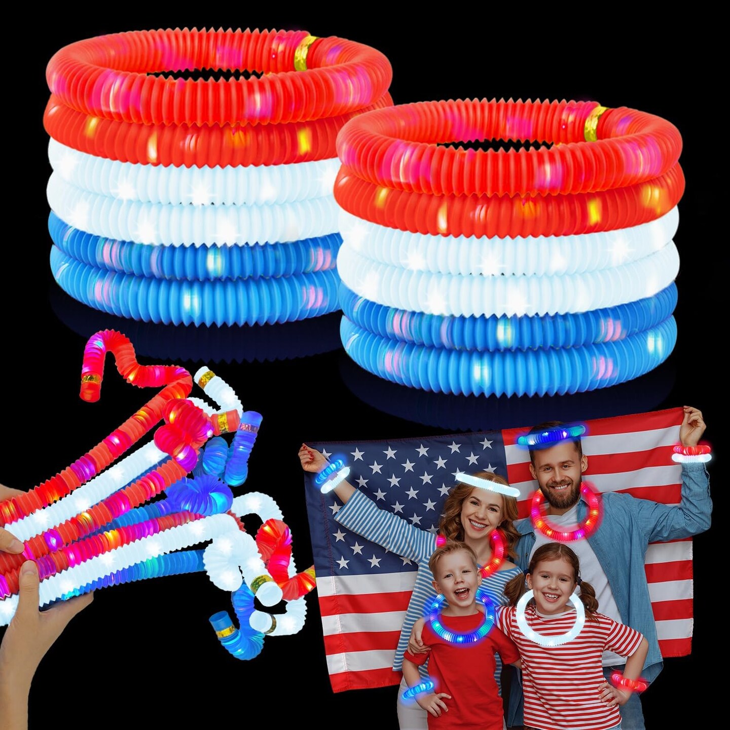 4th of July Memorial Day Red White Blue Glow Sticks 12 PCS,Light up Bracelets Necklaces Accessories for Kids,Fourth of July Party Favor Supplies Decorations,Parade Toy Stuff for Patriotic Independence