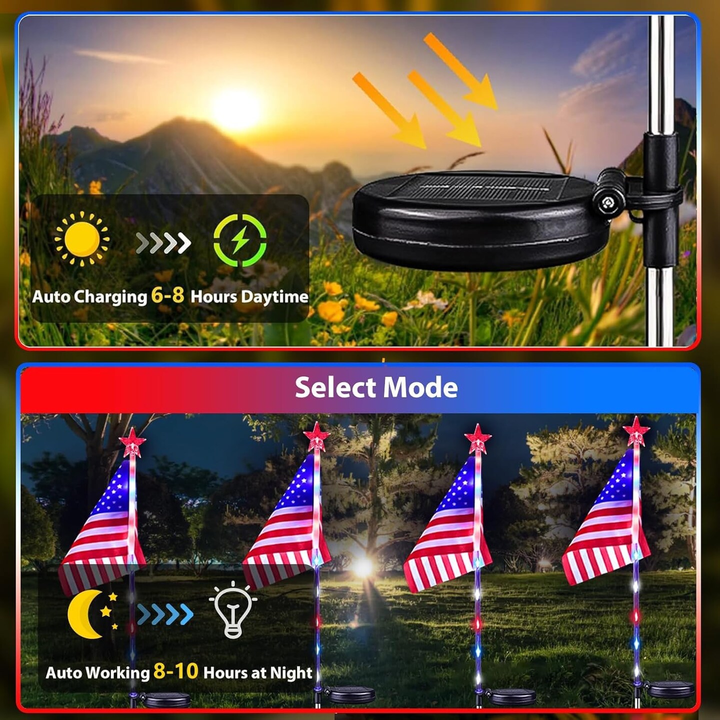 8 Pack American Flag Solar Lights Outdoor, 4th of July Decorations with 2 Modes, Waterproof Solar Flag Patriotic Lights