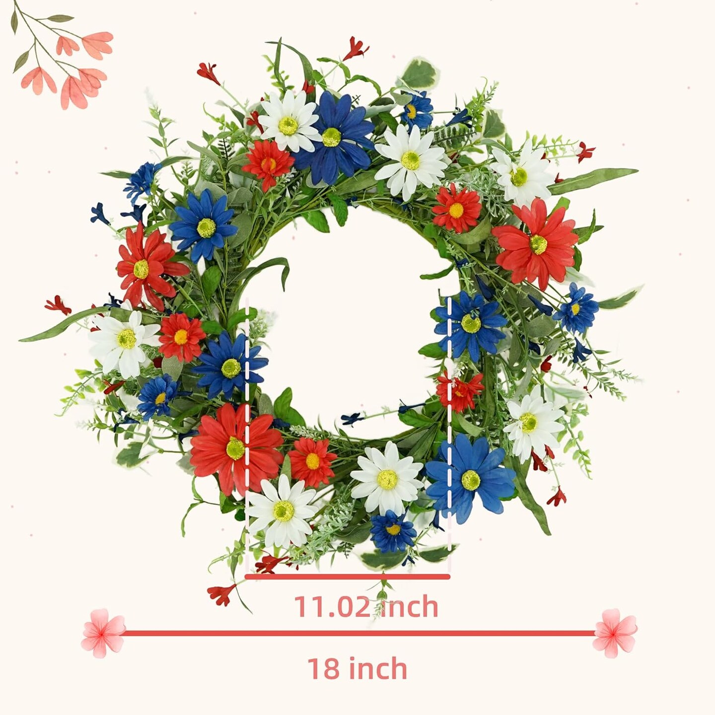 July 4th 18" Spring Summer Wreaths for Front Door, Patriotic American Wreath with Daisy Flowers Leaves, Artificial Floral Green Foliage for Wall Window Farmhouse Party Holiday Decor
