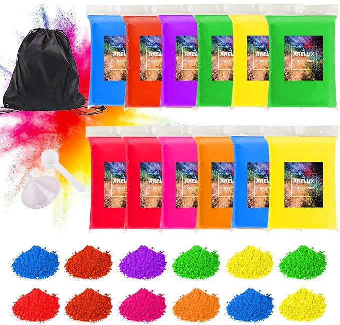 Holi Powder Color Run Powder 12 Pack 2.8oz/80g Each Natural Assorted Color Rangoli Powder Bulk, Washable Chalk Powder Paint for Color War, Rangoli, Fun Run, Party &#x26; Festival