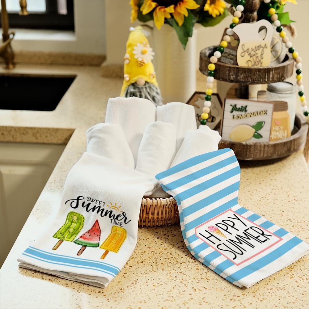 Popsicle Hello Summer Kitchen Towels Dish Towels Set of 2,Blue Stripes Ice Cream Hand Towels 18x26 Inch Drying Dishcloth,Farmhouse Home Seasonal Holiday Summer Decorations