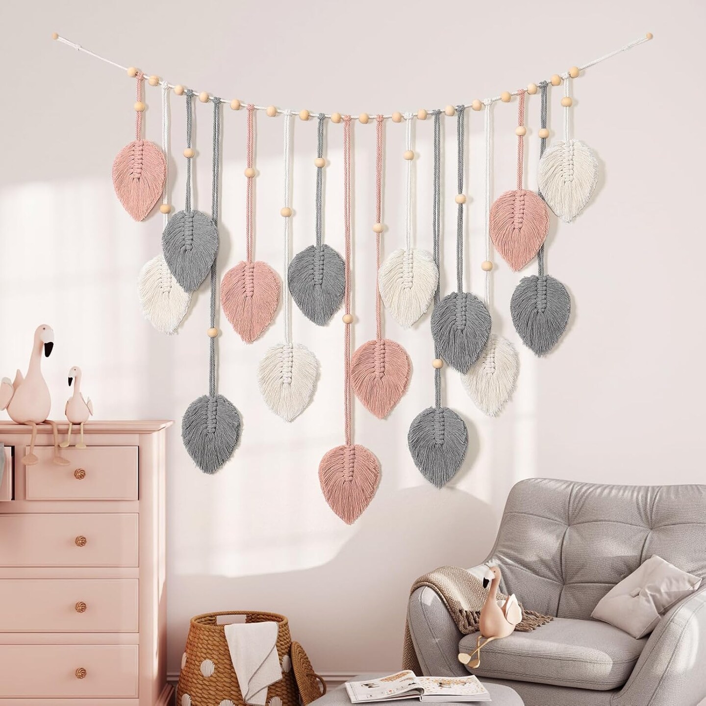 Macramé Wall Hanging – Boho Leaves Tapestry with Handmade Yarn Feathers, Chic Pink & Gray Woven Wall Art for Bedroom, Living Room, Nursery, or Office Backdrop