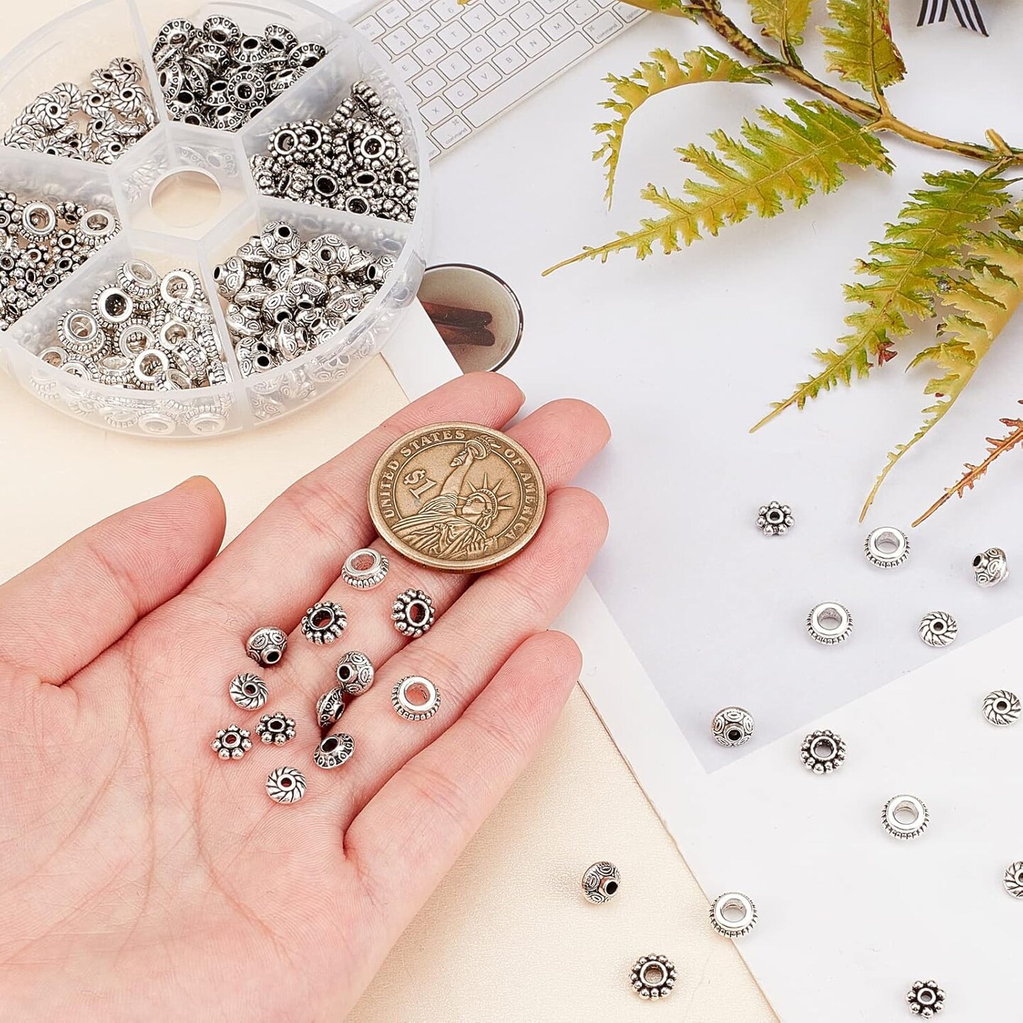 300pcs 6 Style Antique Silver Spacer Beads, Tibetan Metal Alloy Tube Spacers Flower Flat Rondelle Small Loose Beads