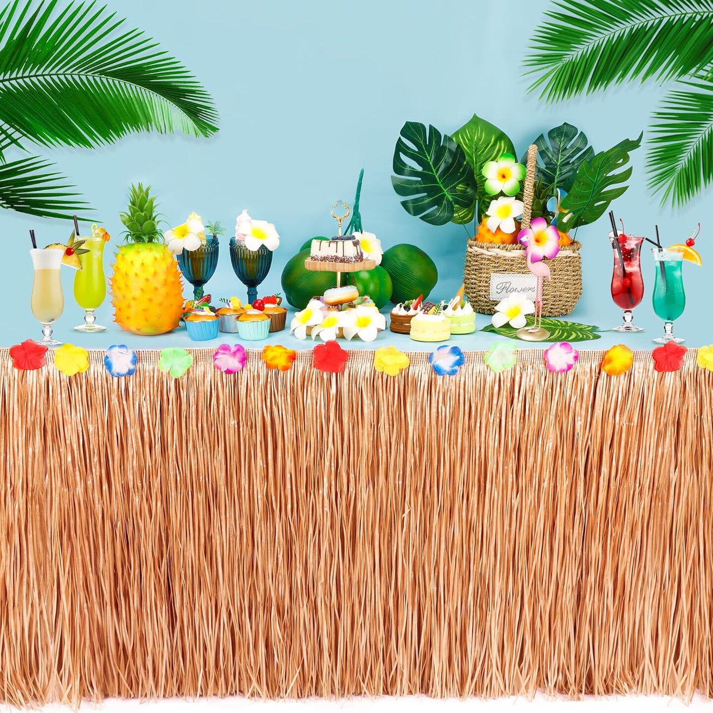 Luau Party Decorations, 1PCS Hawaiian Table Skirt Party Decorations, Luau Flower 108 X 29.5" Grass Table Skirts Luau Party Favors, Luau Table Skirt for Summer Tropical Hula Parties Decor Accessories