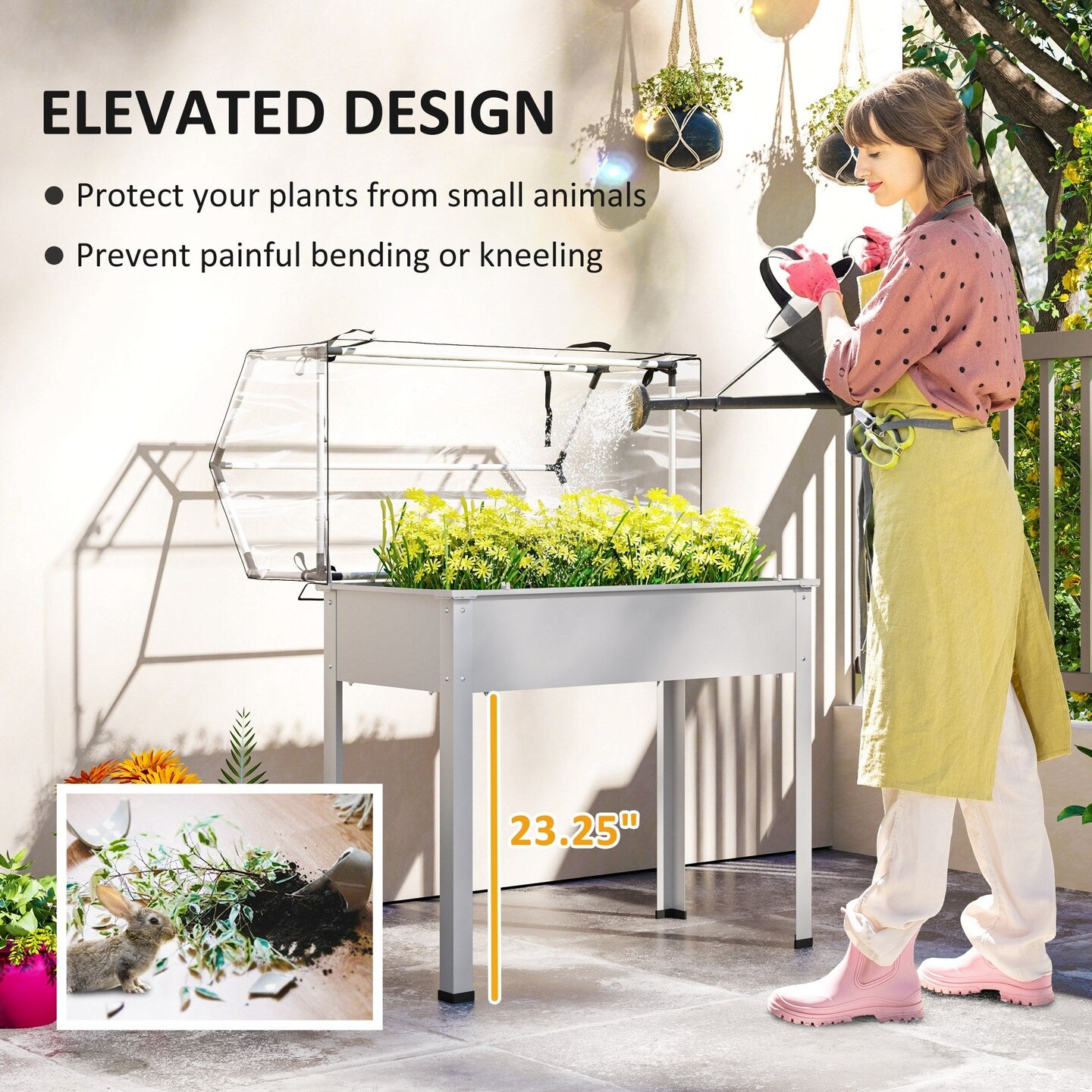 White Elevated Garden Box with Greenhouse Cover &#x26; Drainage Hole