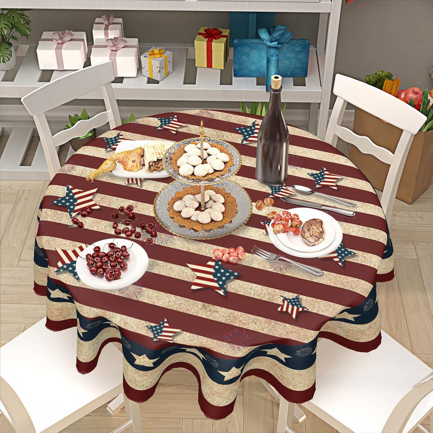 American Flag Tablecloth Round 60 Inch 4th of July Memorial Day Patriotic Table Cloth Wrinkle Resistant Rustic USA Independence Day Table Cover Decorative for Home Kitchen Dining Indoor Party Picnic