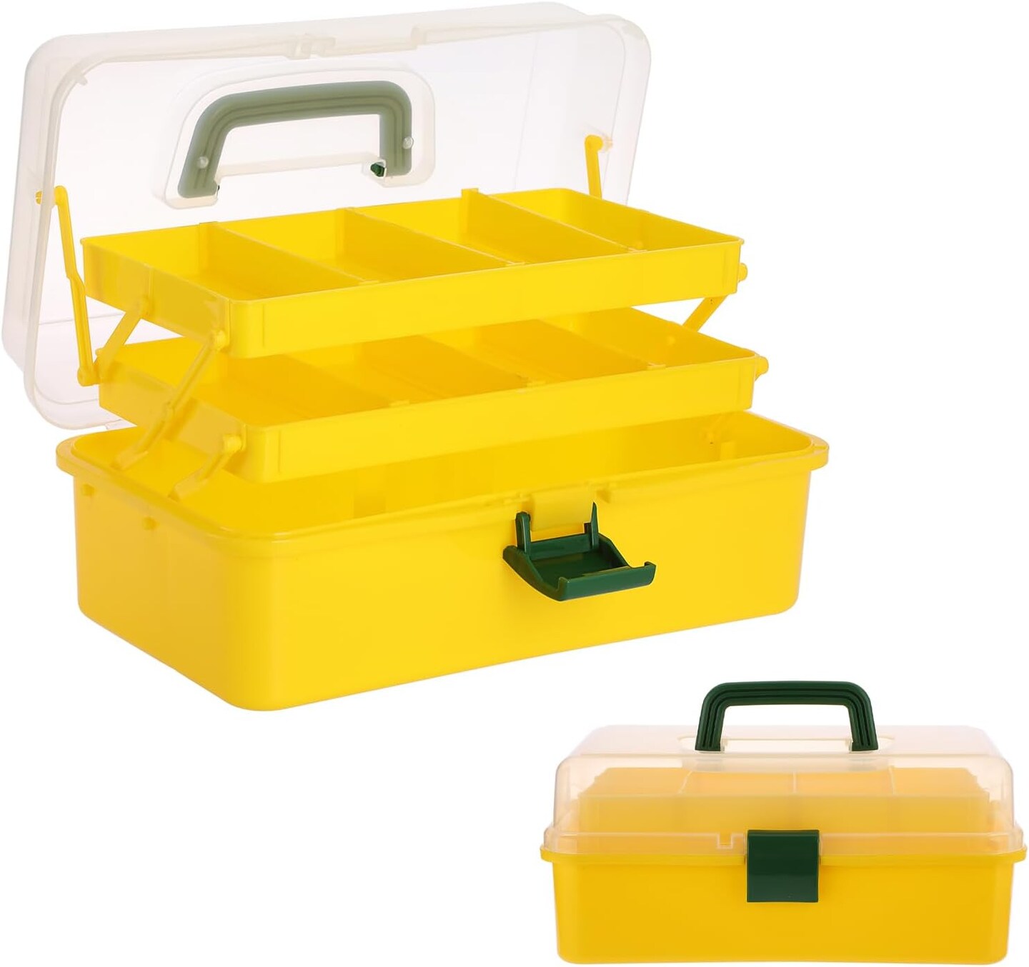 3-Layer Plastic Dividing Storage Box Craft Organizer with Adjustable Spacers Portable Handled Art Supply Organizer Multipurpose Home Utility Box for Sewing (Yellow+Green)