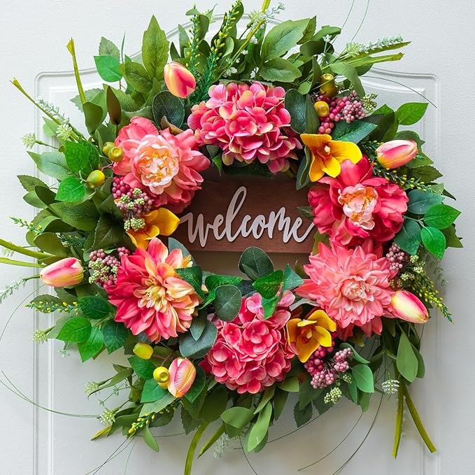 Spring Wreaths for Front Door 24 Inch Outdoor Spring Wreath with Welcome Sign, Vibrant Summer Floral Wreath with Pink Peony Hydrangeas Dahlias Tulips Flower for Wall Window Home Door Décor