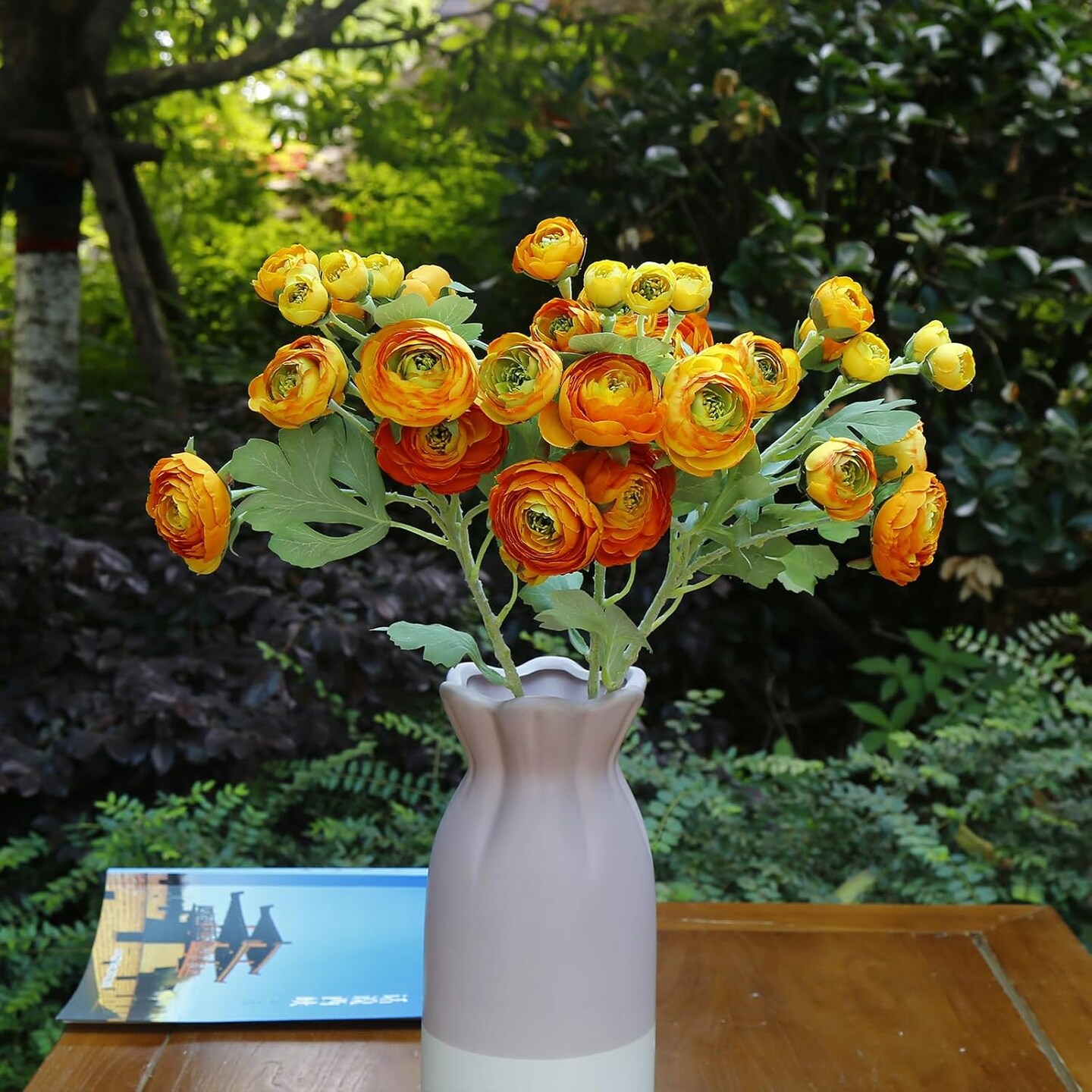 Mini Ranunculus Artificial Flowers Bulk 21.6&#x22;, 3 Pcs 36 Heads Faux Silk Ranunculus Bouquets for Home Decor Indoor, Long Stems Fake Flowers for Wedding Centerpiece. (Orange Yellow)