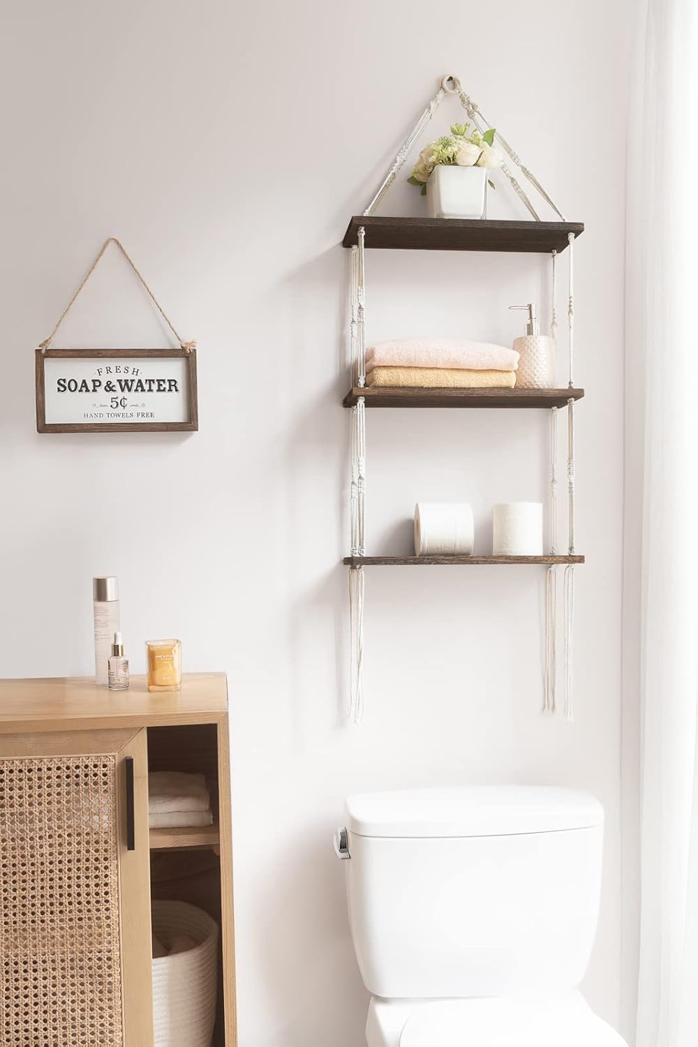 Macrame Wall Hanging Shelf 3 Tier Wood Floating Shelves with Cute Woven Rope Boho Room Decor Display Photos Plant Hanging Storage Shelves for Bathroom