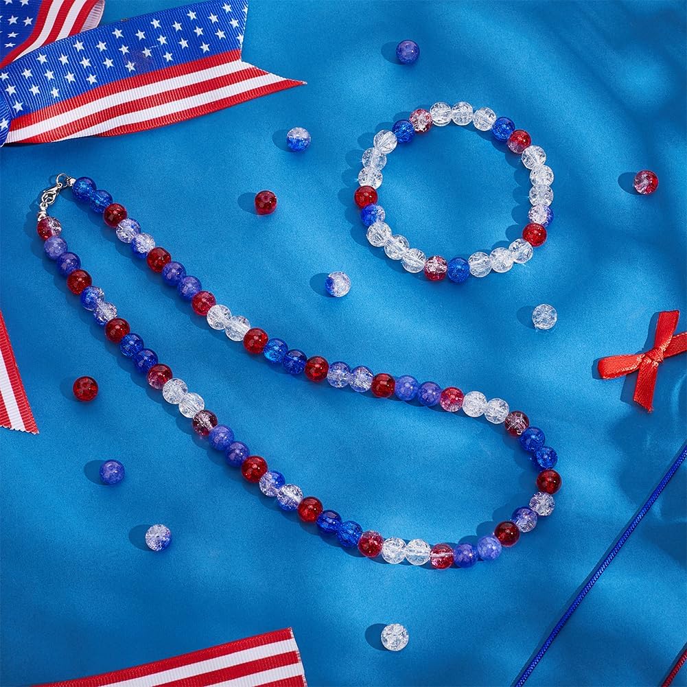 240pcs Red White Blue Glass Beads, 6 Colors Patriotic Beads 8mm Round Glass Beads Crackle Loose Beads for Beaded Baseball Necklace