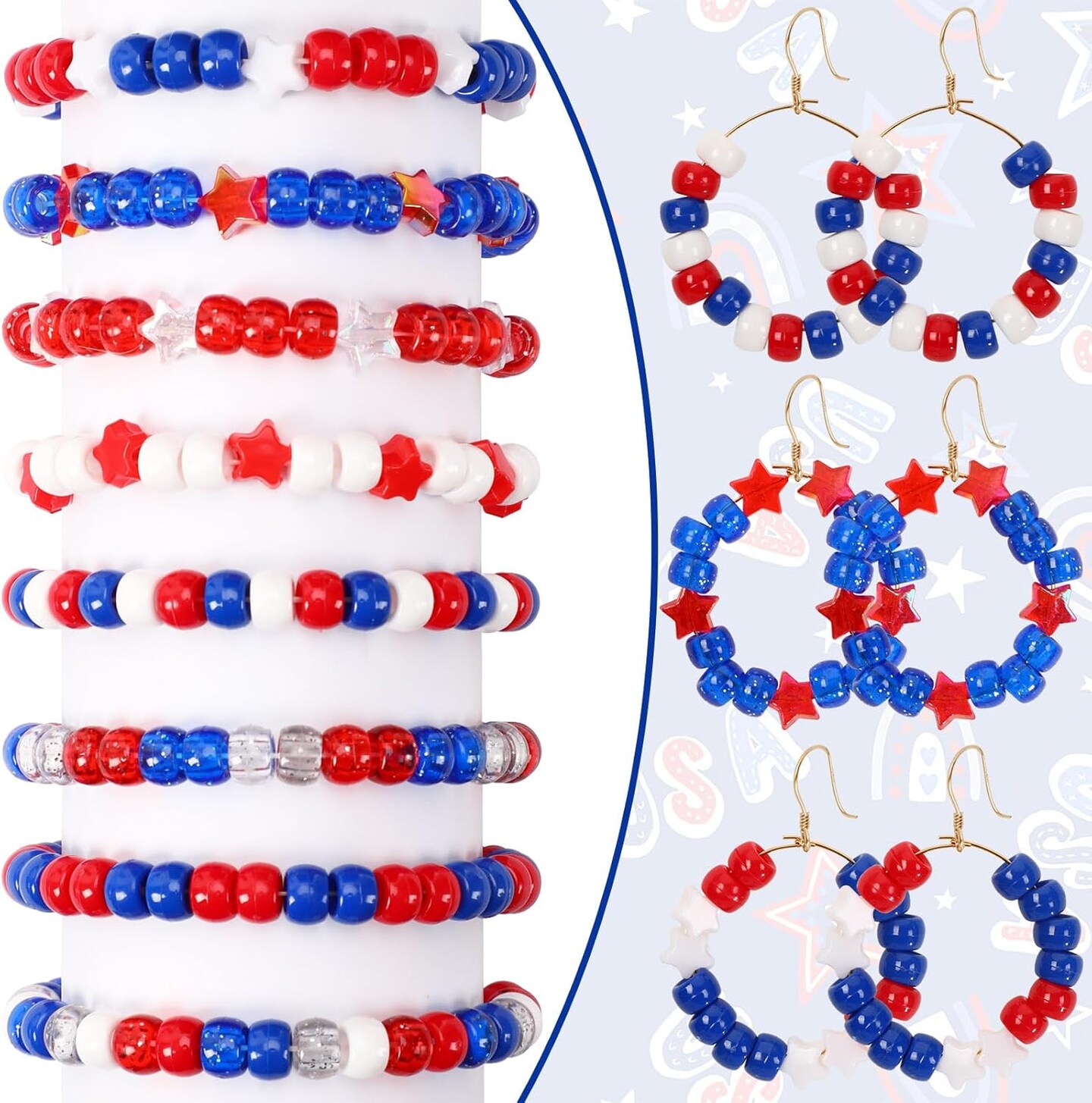 1200Pcs Red White Blue Pony Beads, 1200Pcs Independent Day Patriotic Beads 4th of July Pony Beads for Jewelry Making Crafts DIY Necklace Bracelets Hair Beads