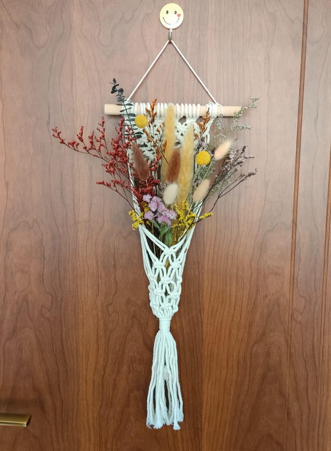 Boho Wall Hanging Dried Natural Flowers Decoration,Small Macrame Pampas Grass Preserved Green Eucalyptus Billy Balls Bunny Tail for Office Bedroom Apartment (A)