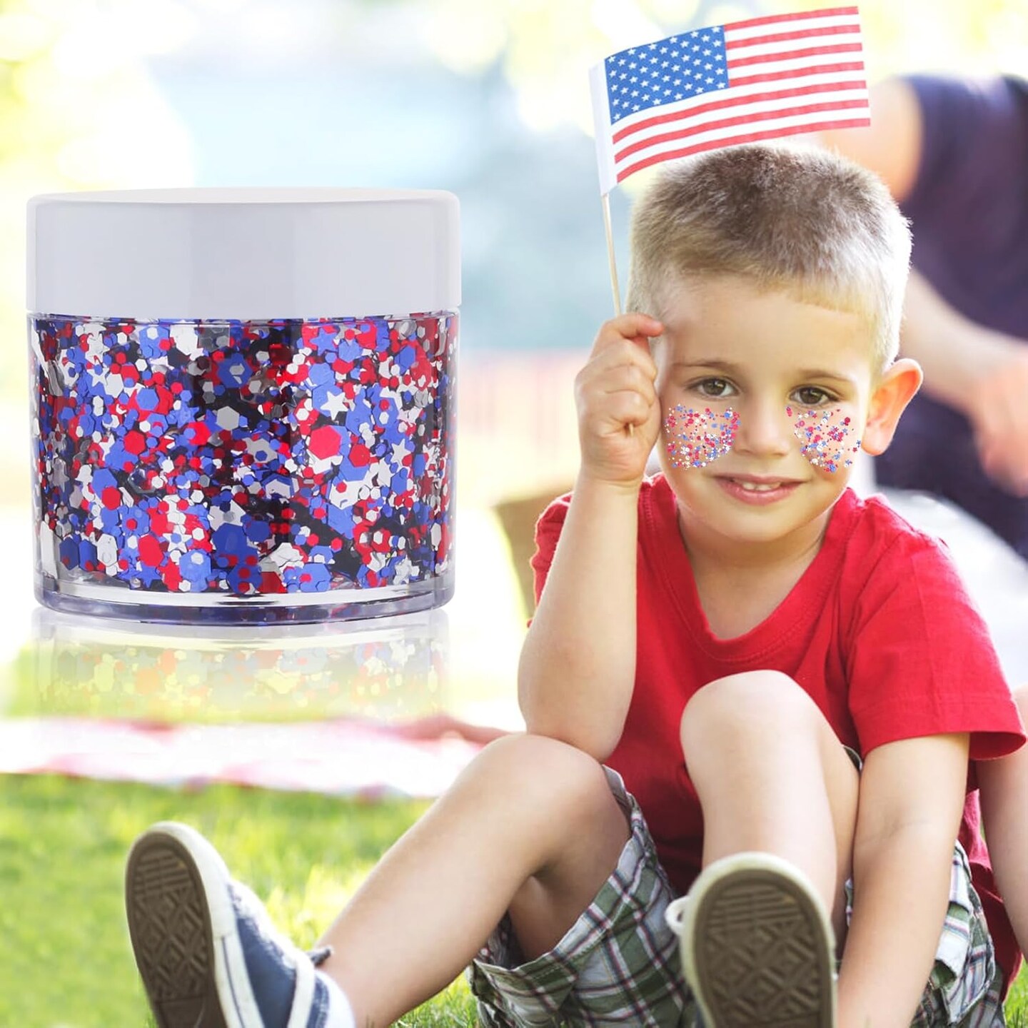 Red White Blue USA Flag Face Glitter,4th of July Accessories Independent Day Sparkle Body Glitter Face Paint,Fourth of July Outfits for Women,Festival Glitter Celebrations Holographic Makeup