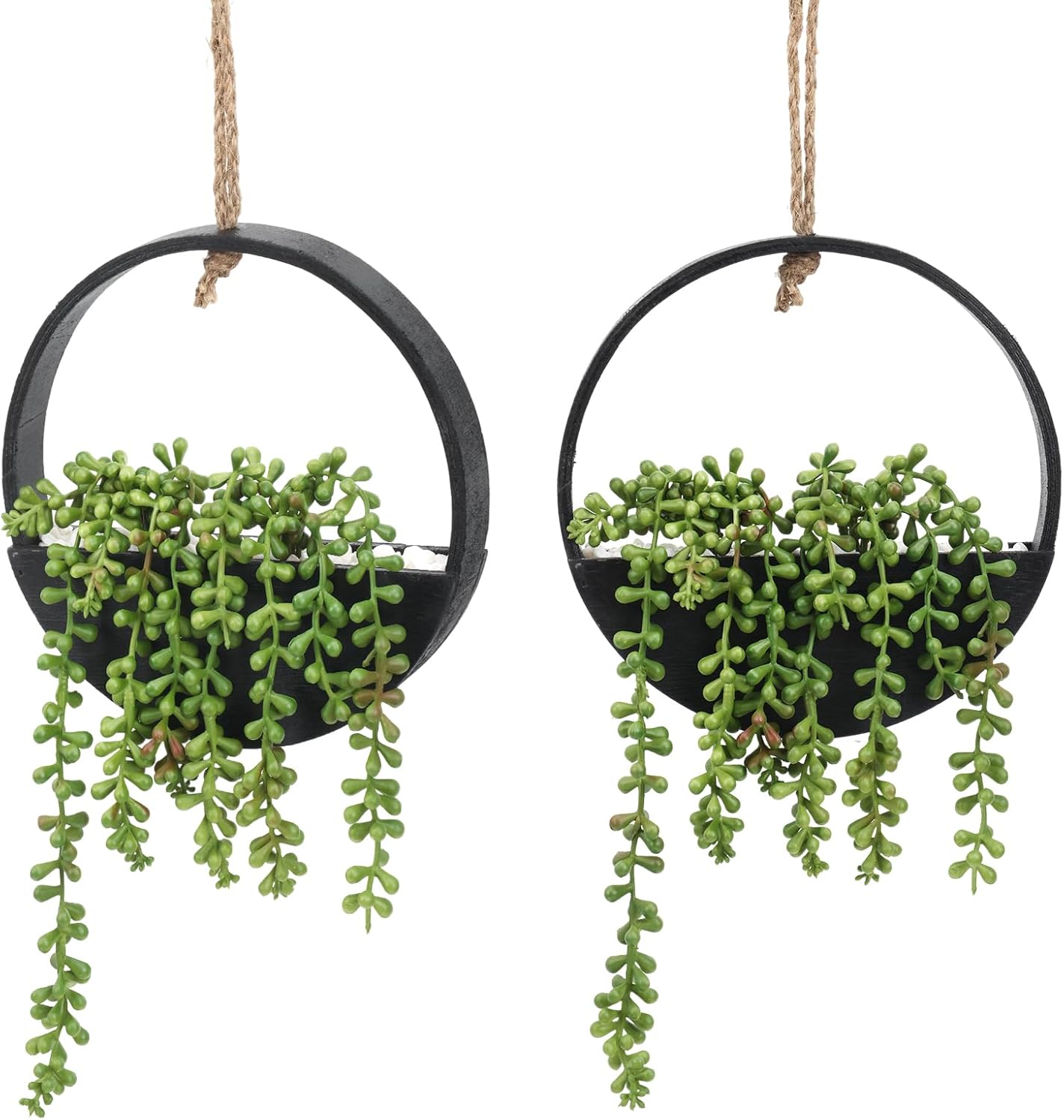 2pcs Artificial Hanging Succulent Plants, Fake String of Pearls in Pot with Lanyard Boho Wall Decor for Bathroom Living Room Home Indoor Outdoor Decorations, Black