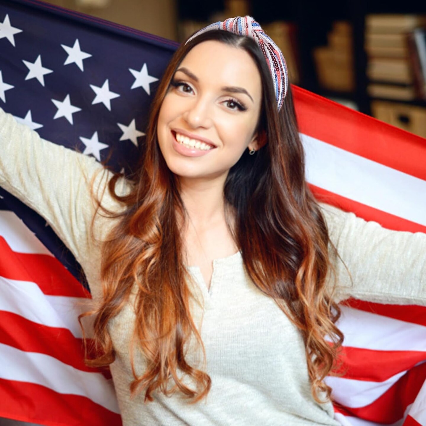 4th of July Headband for Women American Flag Knotted Headband Red White and Blue Sequin Patriotic Hairband USA Independence Day Head Band Hair Accessories Gift
