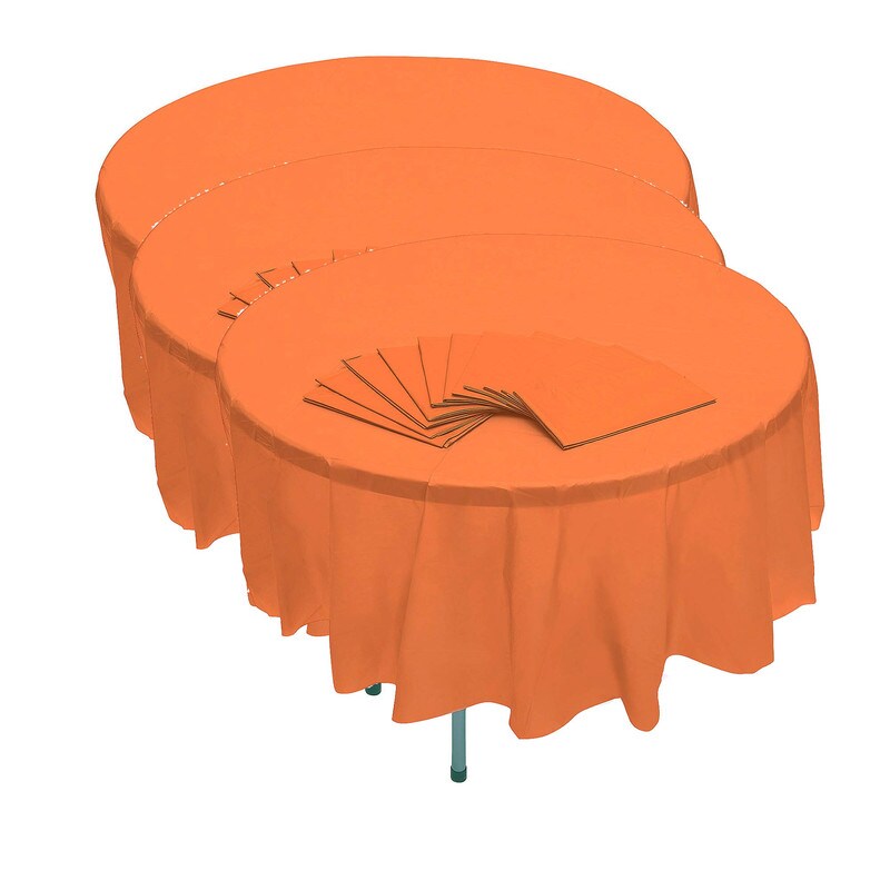 82&#x22; Bulk Pack of 12 Orange Banquet-Style Round Disposable Plastic Tablecloths