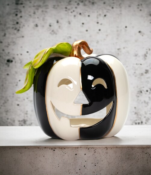 Ceramic Black and White Pumpkin Tealight Holder, Halloween Decor, Kitchen Decor, Bathroom Decor, Gift for Her, Gift for Mom