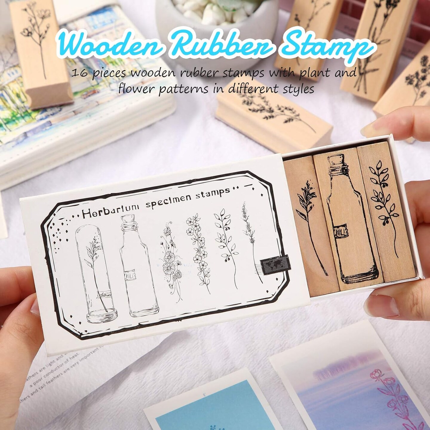 16 Pcs Wood Rubber Stamps for Crafting Vintage Flower Decorative Rubber Wooden Mounted Stamp Set