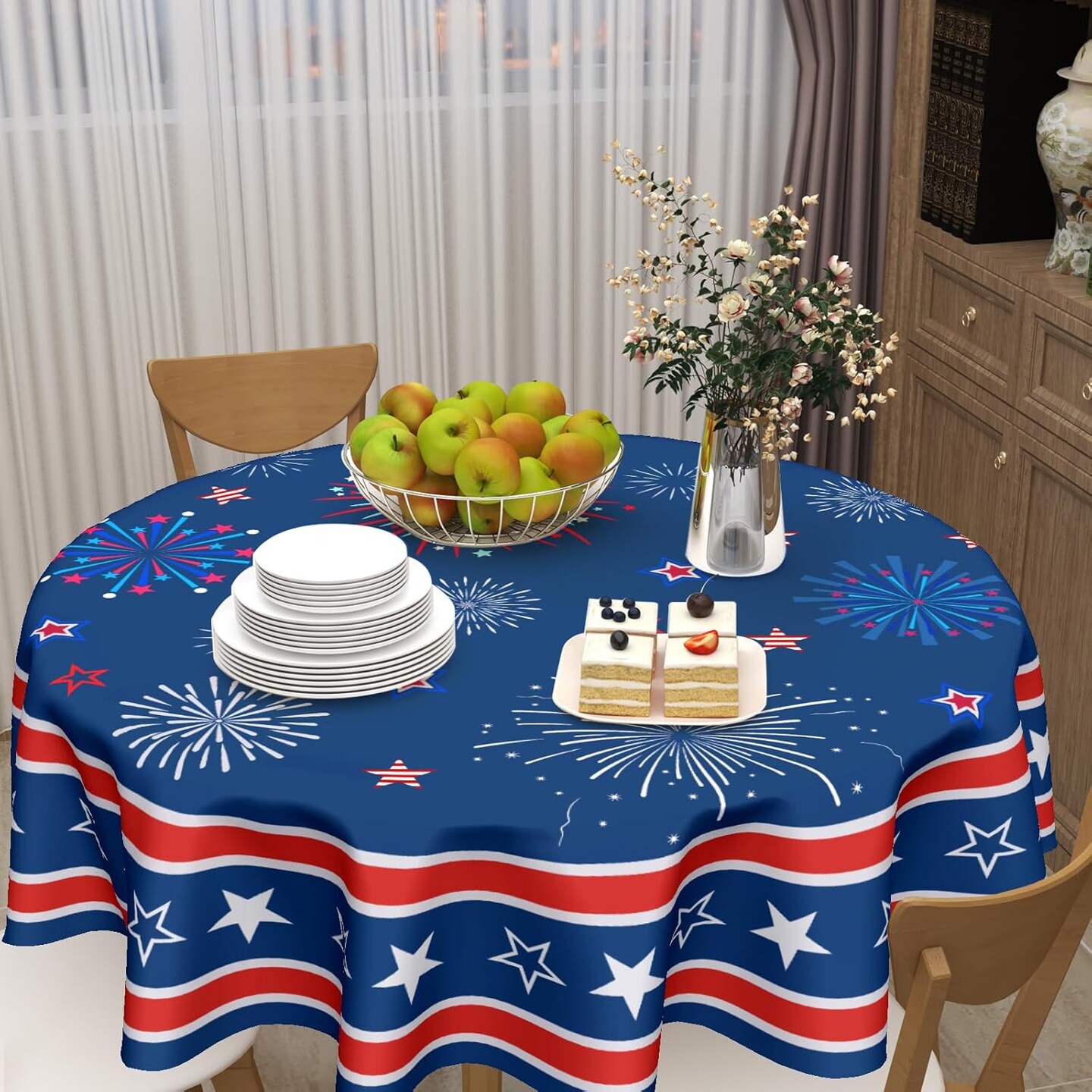 4th of July Tablecloth Round Patriotic Star Celebration Firework Table Cloths Circular Independence Day Table Cover Waterproof Polyester Tabletop for Dining Kitchen Party Decor 60 Inch