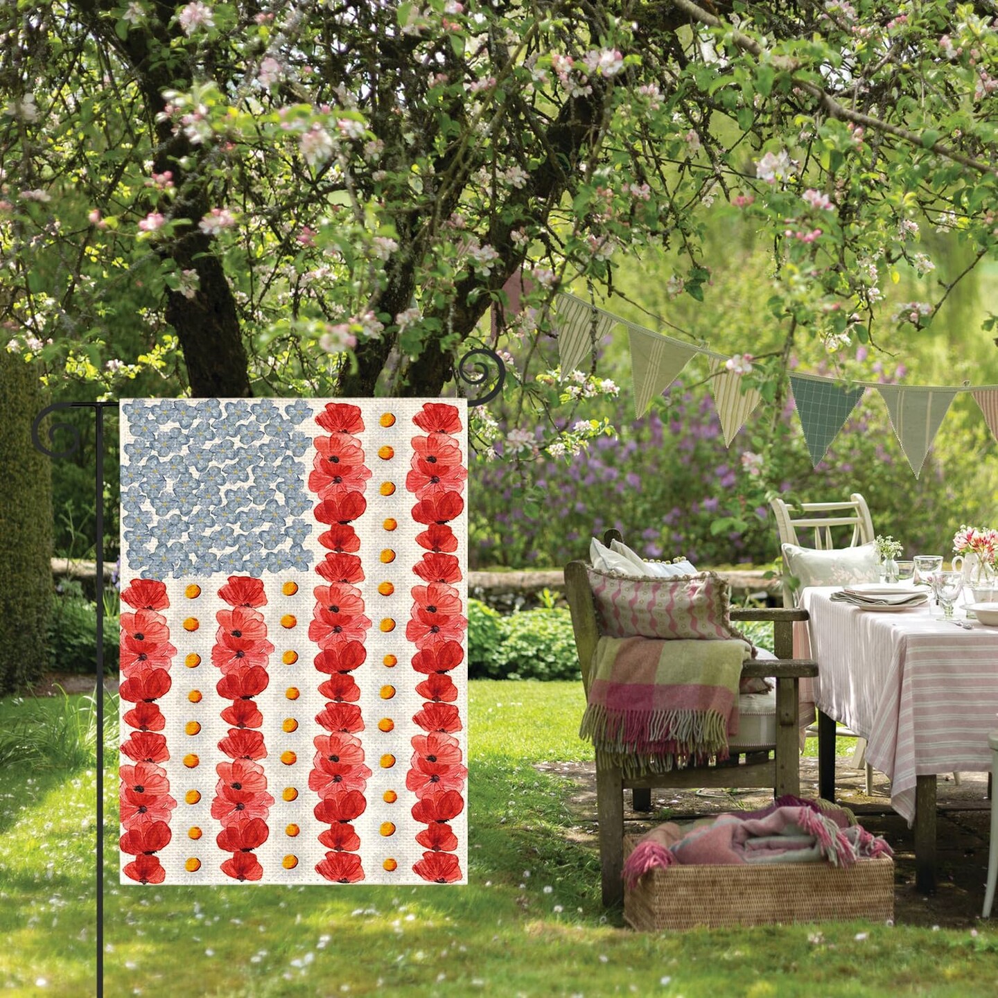 Myosotis Poppy Memorial Day Garden Flag 12x18 Inch Double Sided Outside, Patriotic American Flag Yard Outdoor Decoration