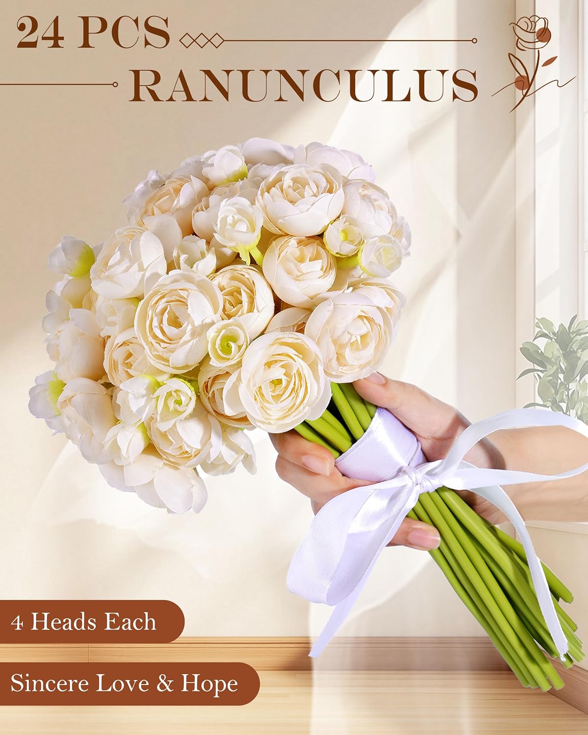 24 Pcs Ranunculus Artificial Flowers, Faux Ranunculus Flowers Bulk, Fake Peonies Look Real - 4 Blooms per Stem, Silk Flowers Bouquets for Wedding, Spring - Perfect Match to Tulips &#x26; Peonies, Cream