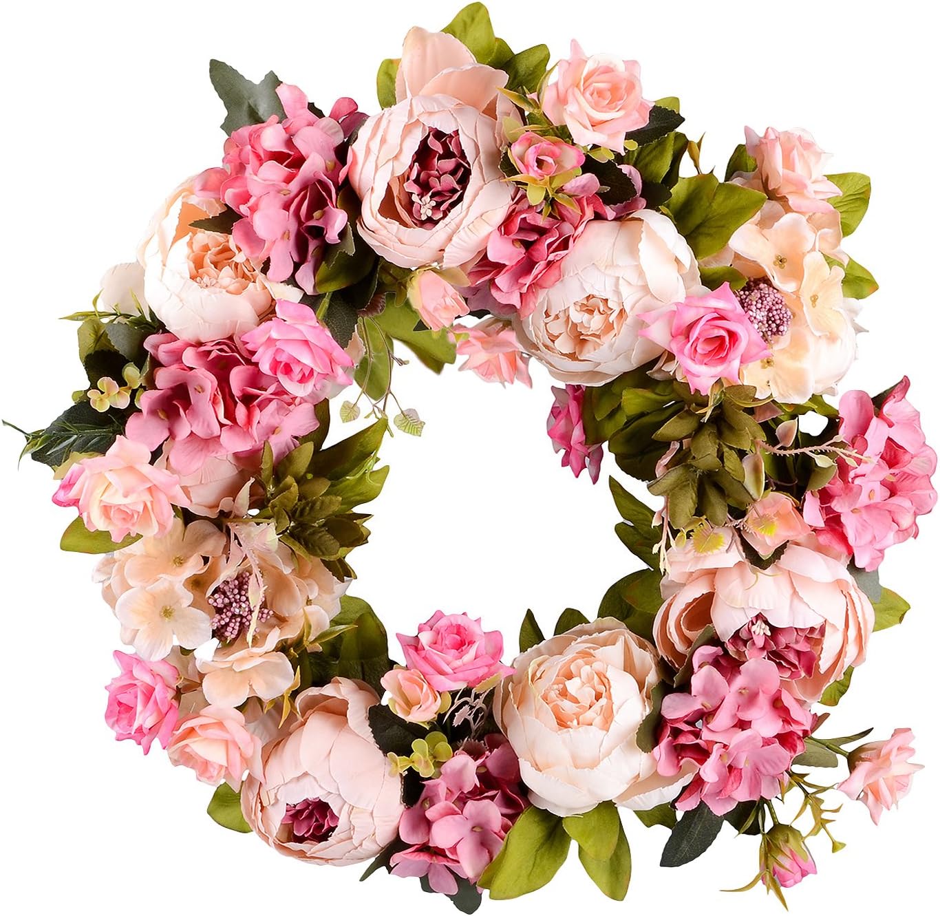 Artificial Peony Flower Wreath - 15" Pink Flower Door Wreath with Green Leaves for Spring
