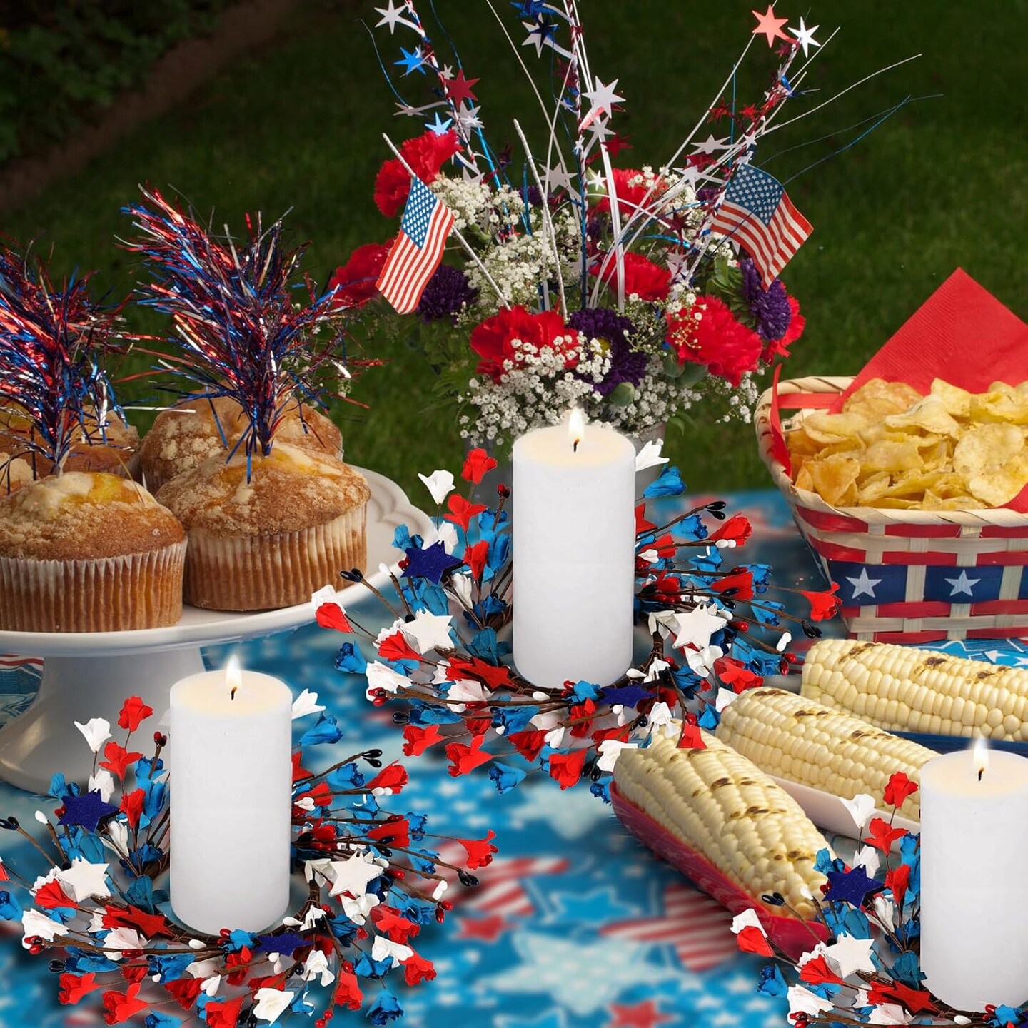 6 Pcs Mini 4th of July Wreaths Patriotic Red White and Blue Candle Rings Independence Day Memorial Day Farmhouse Artificial Garland Pillars Holder Decoration for Table Decor