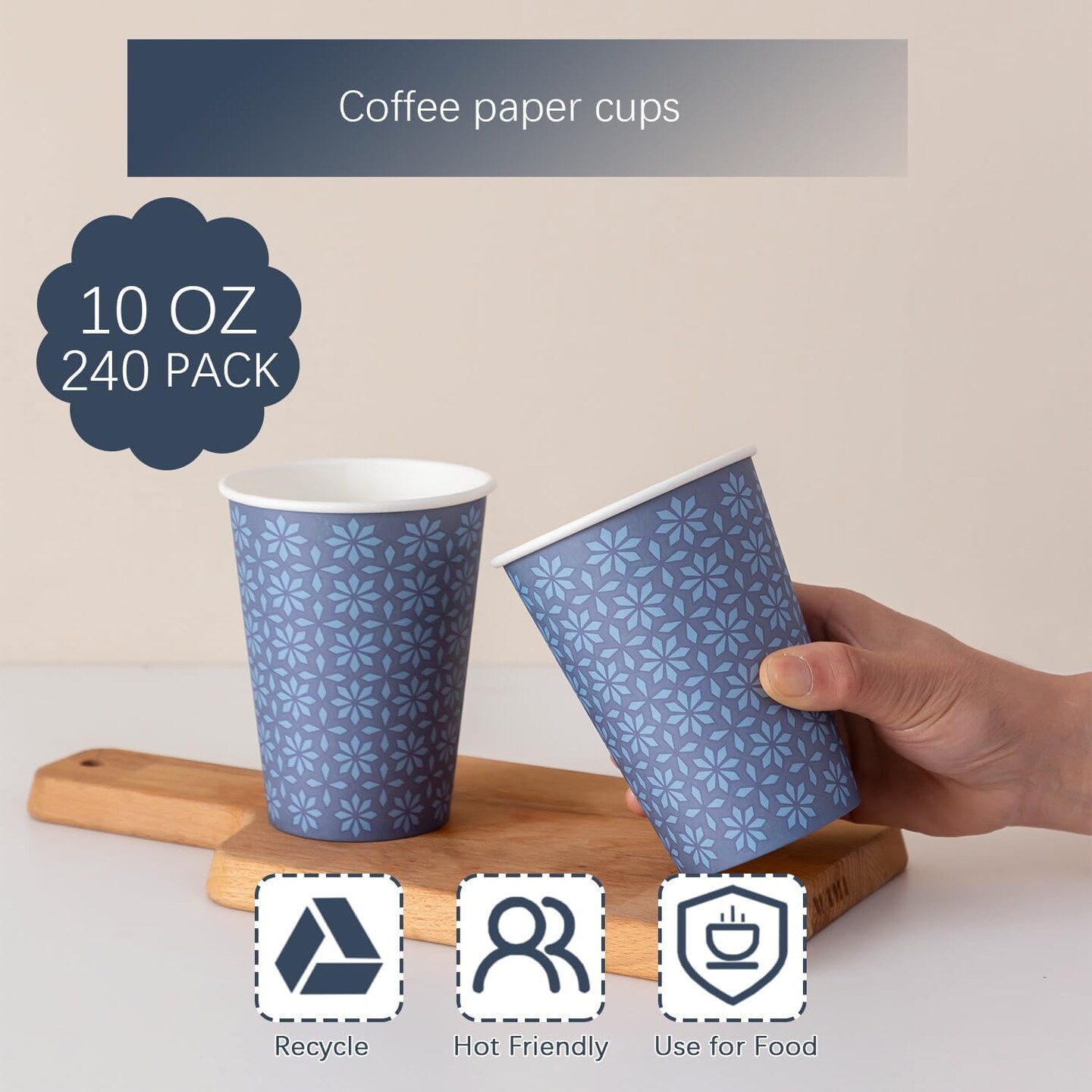 240 Pack 10 oz Disposable Paper Cups, Summer Party Tableware, Hot/Cold Beverage Drinking Cups, Navy Floral Paper Hot Cups for Party, Picnic, Travel, and Events