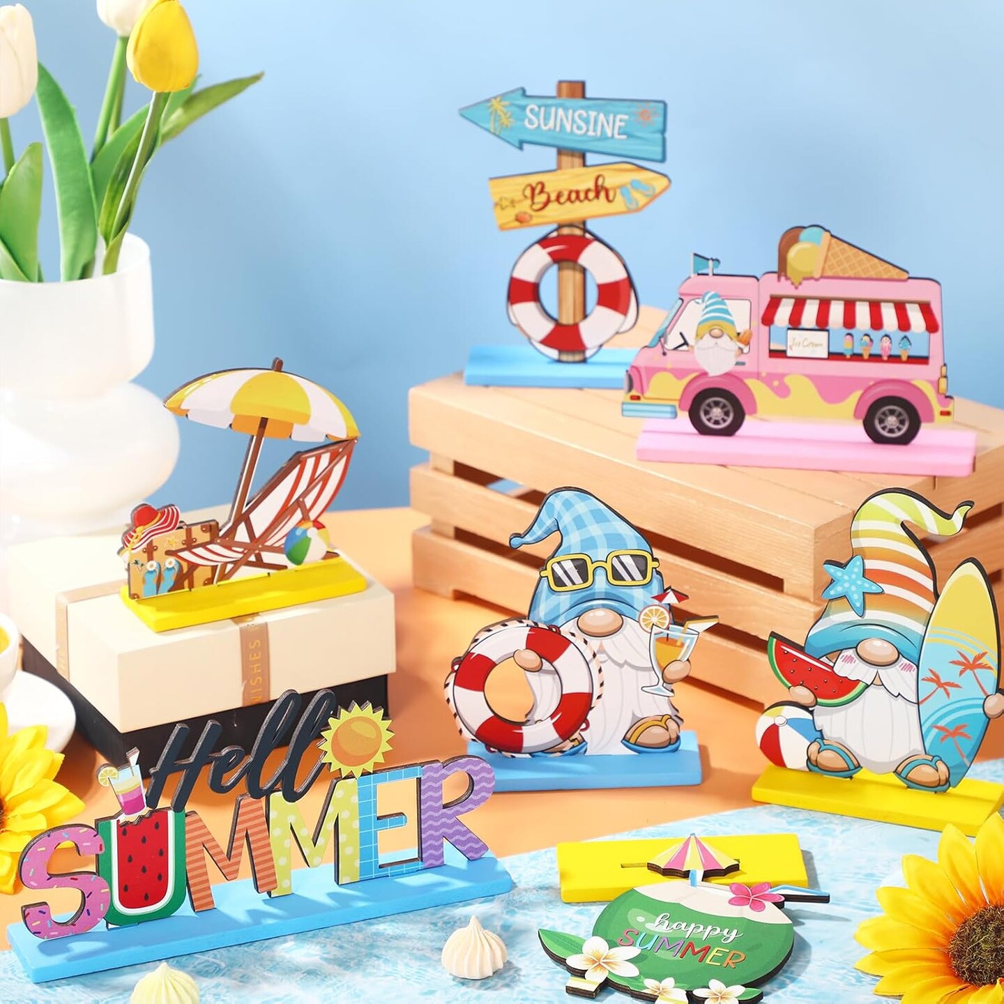 7 Pieces Hello Summer Table Decoration Sign Wooden Centerpieces Beach Gnome Wooden Decor for Farmhouse Summer Beach Home Table Tiered Tray Decor