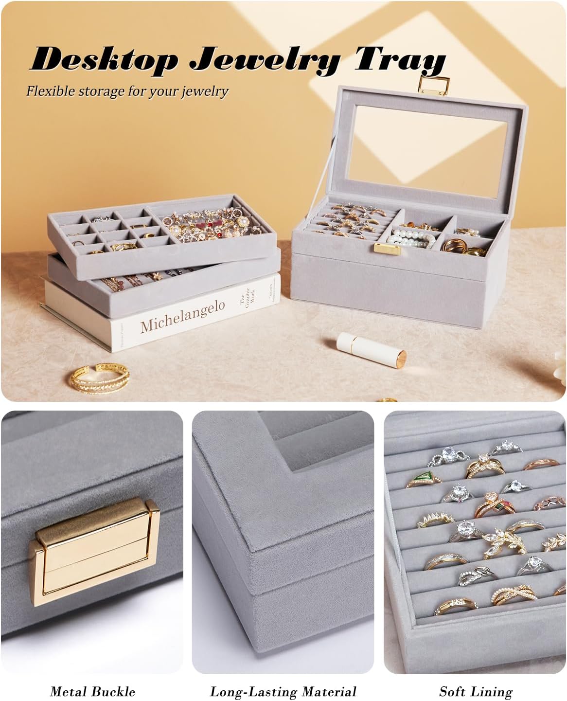 Jewelry Tray Stackable Jewelry Box Drawer Organizer with Glass Lid, Removable Dividers for Vanity Table Gift Idea for Girls and Women (Gray)