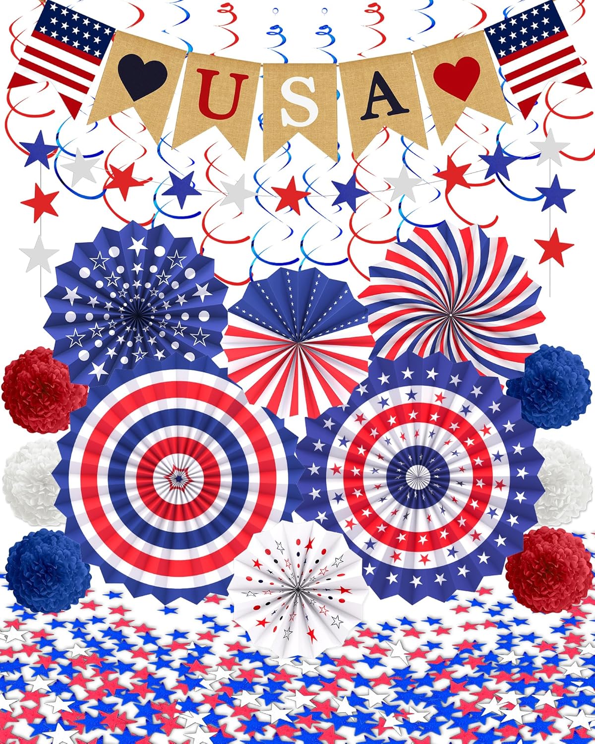 33-Piece Patriotic Decorations Set, 4th of July & Memorial Day Hanging Swirls and Stars, Red White & Blue Streamers and USA Banner for Indoor and Outdoor Parties, Veterans Day and Independence Day Decor