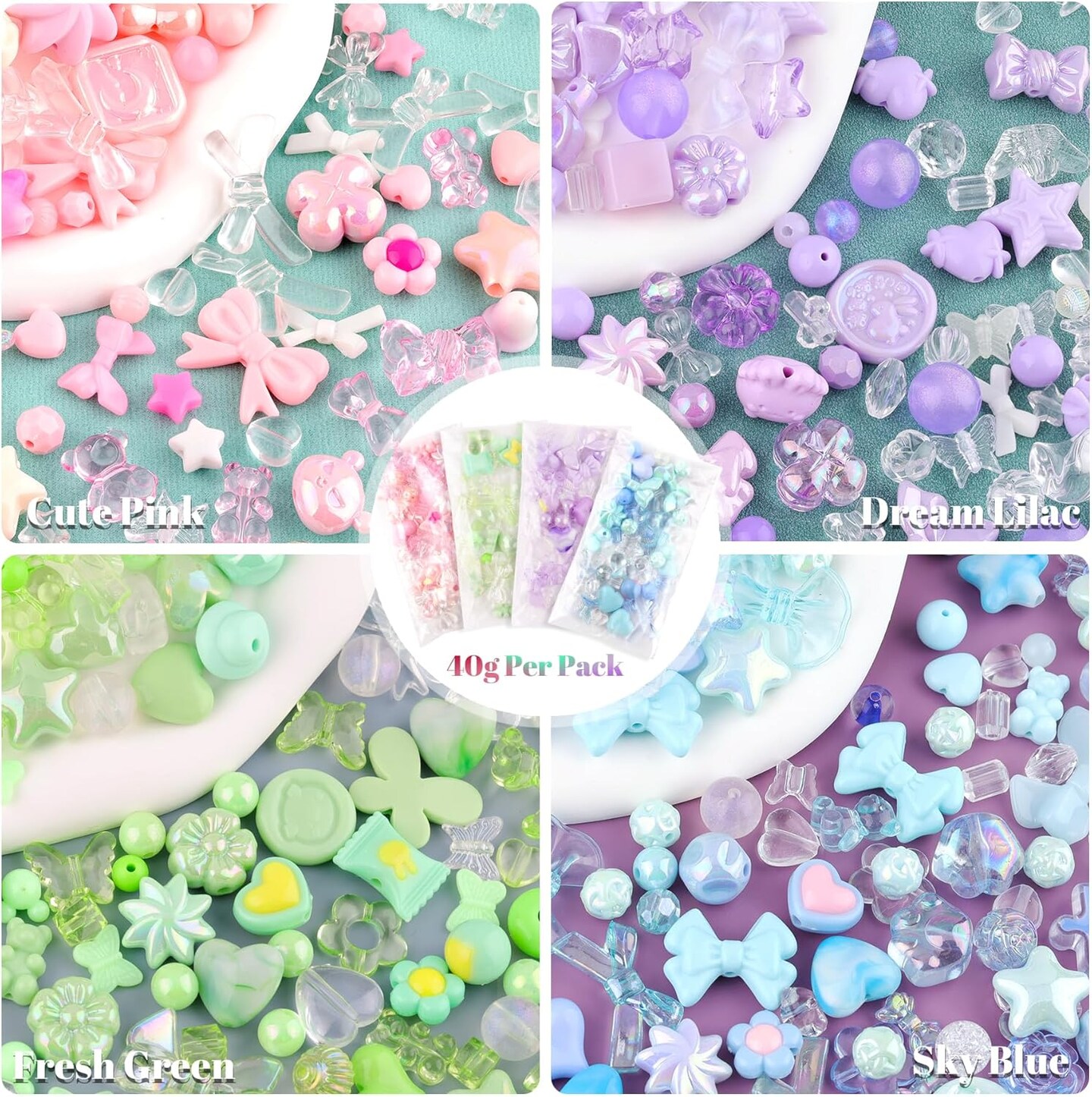 180-240PCS Assorted Acrylic Beads For Bracelet Making, Flower Bow Butterfly Candy Star Heart GummyBear Kawaii Aesthetic Bracelet Charms,Cute Beads