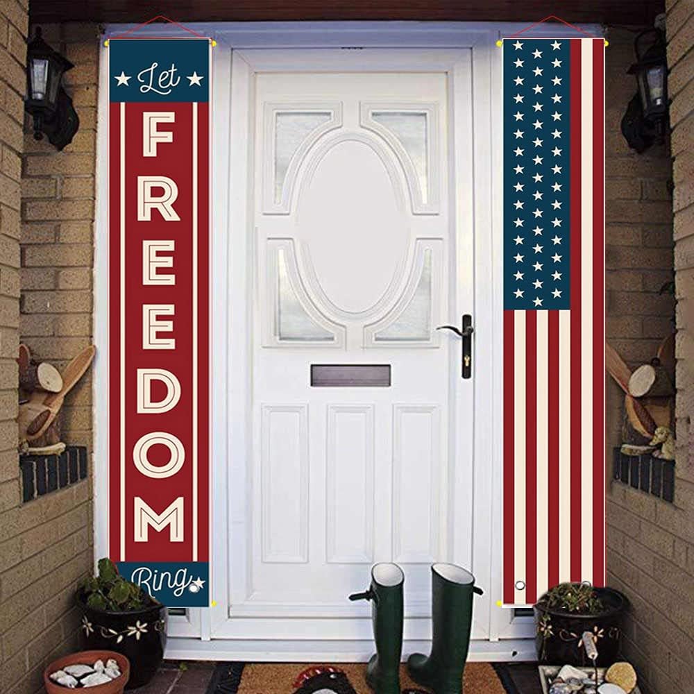 4th of July Decorations Outdoor Patriotic Memorial Day Decor, Independence Veterans Labor Day Hanging American Flag and Banner Wreath, Stars and Stripes Porch Sign Party Supplies - Red White Blue 2025