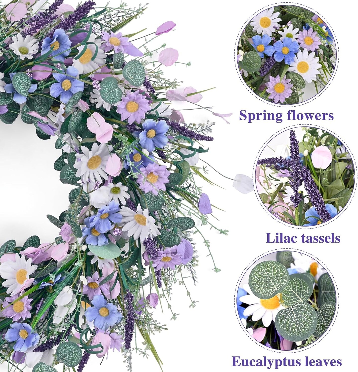 Spring Wreaths for Front Door, 22 Inchs Spring Daisy Wreath Summer Wreath with Floral Lanvender for Indoor Outdoor Wall Porch Window Decor and Festival Celebration
